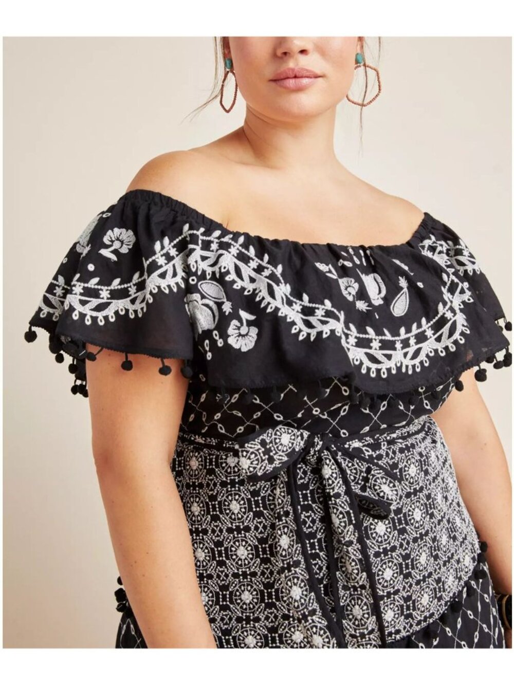 Anthropologie Off The shoulder Marisol Black White Midi Dress Ruffle 24W NWT - Picture 2 of 12